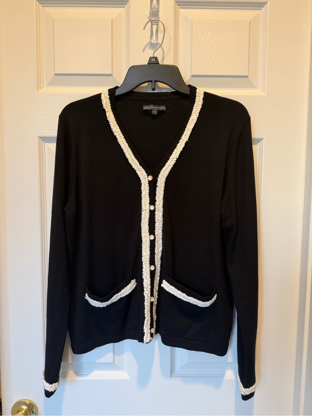 Adrianna Papell Black Cardigan with Cream Trim and Pearl Buttons